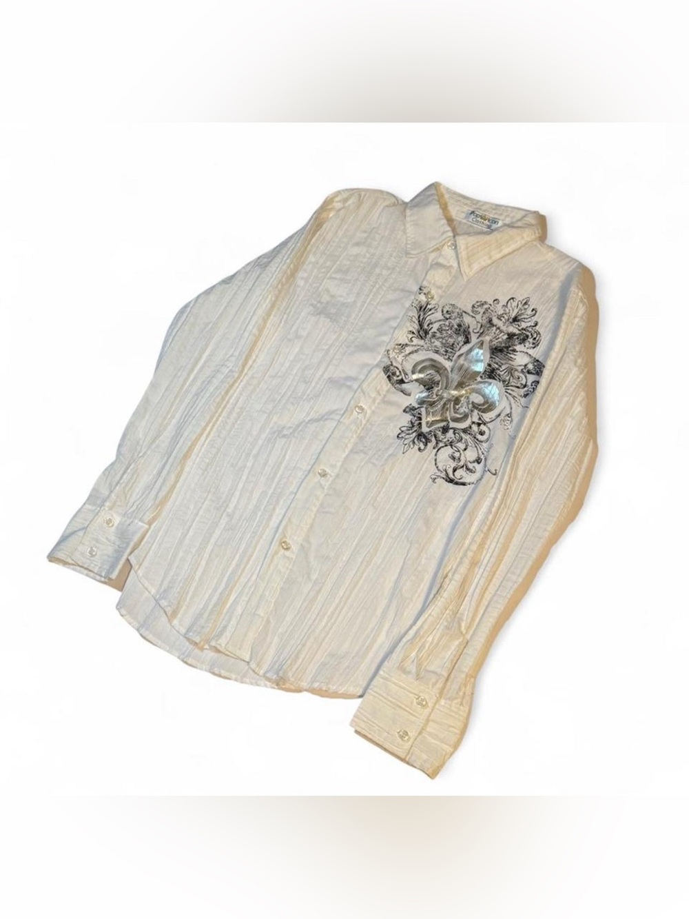 POP ICON CLOTHING Y2K White Button-Down Shirt with Fleur-de-Lis Embroidery